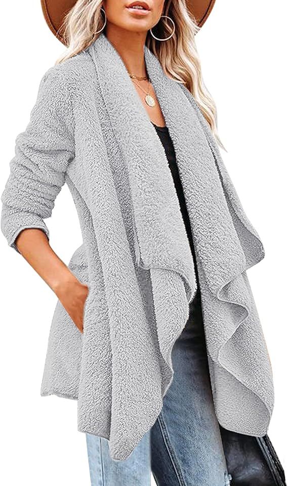 LookbookStore Women's Cozy Draped Open Front Fleece Fuzzy Winter Warm Cardigan Long Sleeve Sherpa... | Amazon (US)