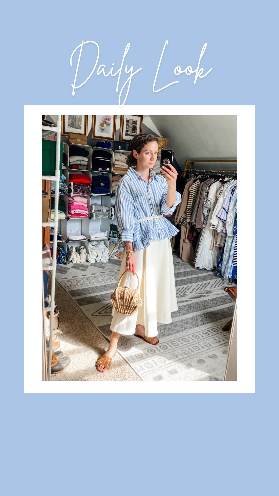 A beautiful blue and white spring outfit!
Blue and white stripe top is from a local boutique, linking an exact dupe from Amazon. 
White midi skirt from Chicwish. 
Shell handbag from Chicwish. 
Brown leather sandals from Sam Edelman. 
White leather belt from Amazon  
Petite outfit. Preppy outfit. Modest outfit. Classic outfit. Summer outfit. Spring outfit  

#LTKdayinmylife #LTKootd #LTKgrwm