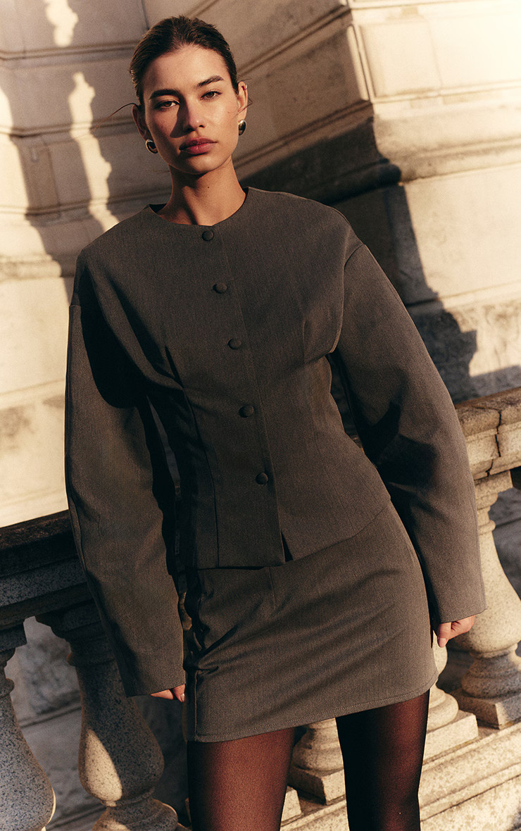 Charcoal Tailored Woven Boxy Balloon Sleeve Blazer | PrettyLittleThing UK