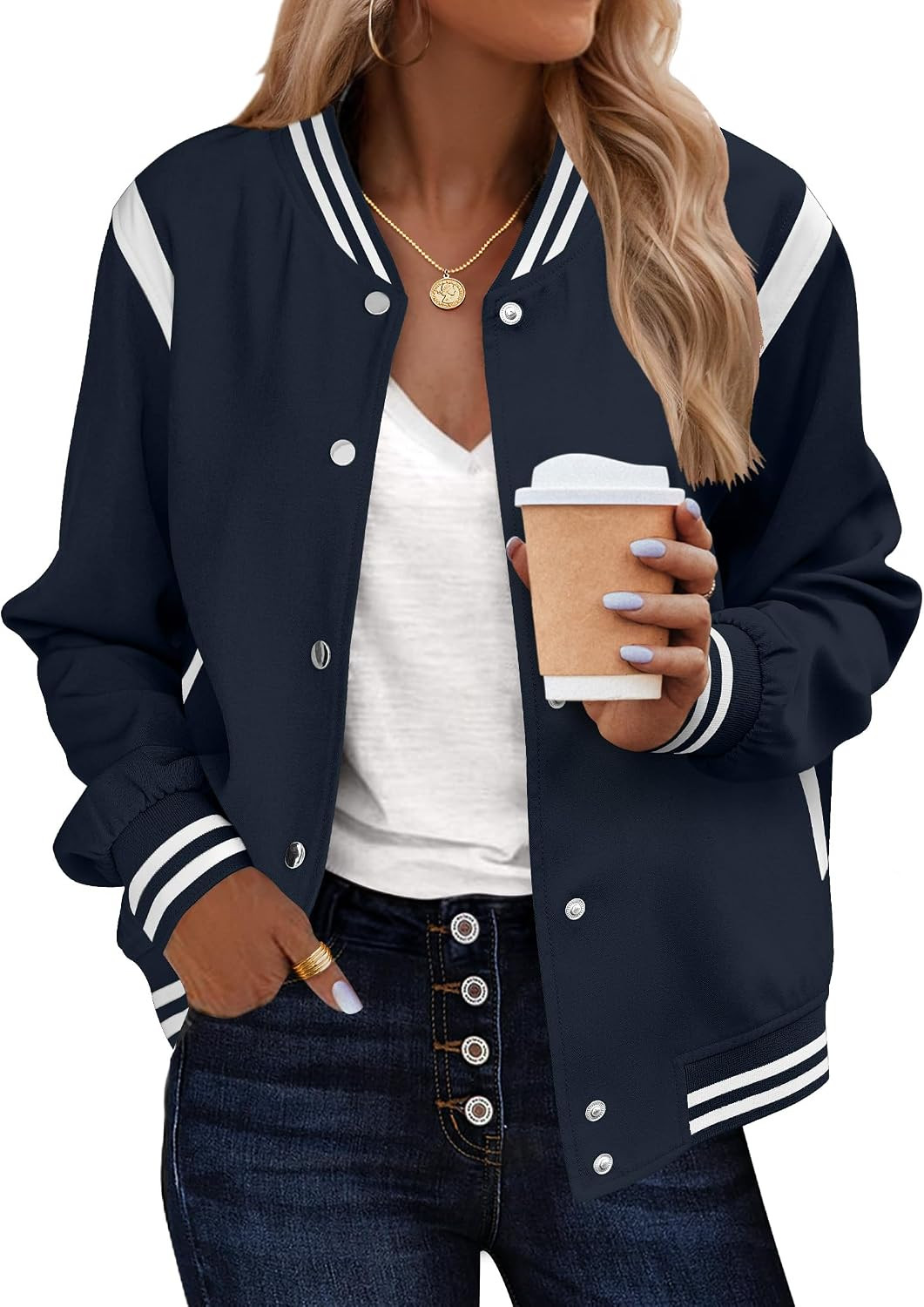 Zeagoo Bomber Jacket Women Varsity Casual Button Down Outfits with Pockets | Amazon (US)