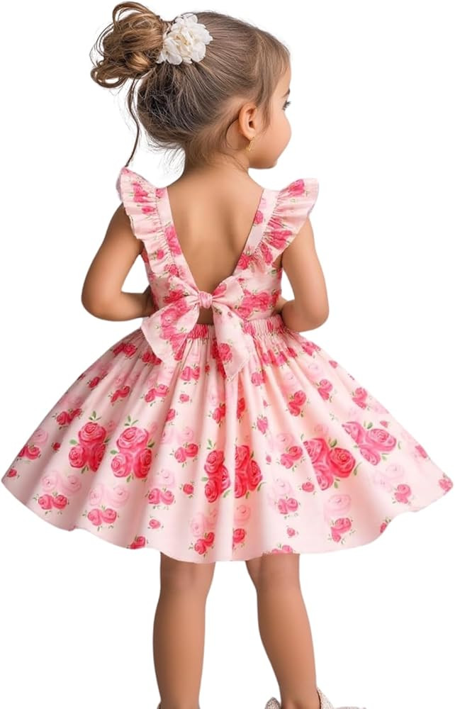 HILEELANG Fancy Girl Easter Dress Spring Summer Pink Rose Floral Flutter Sleeves Backless Tie Bac... | Amazon (US)