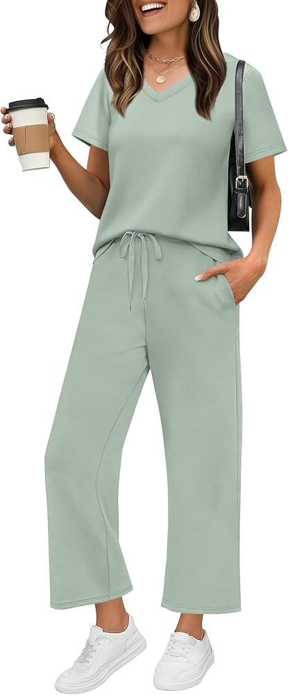 WIHOLL 2 Piece Sets for Women Summer Lounge Set Wide Leg Pants Matching Set Vacation Travel Outfi... | Amazon (US)