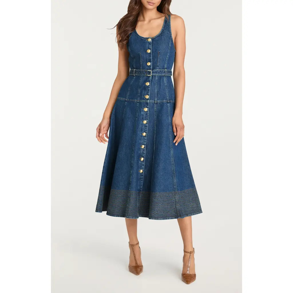 Cinq à Sept Kehlani Belted Sleeveless Midi Dress in Tide at Nordstrom, Size 10 | Nordstrom