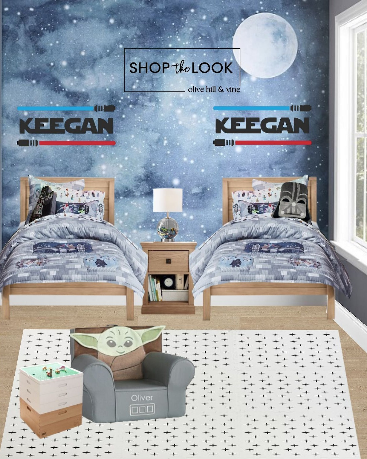 This Star Wars twin room hits lightspeed on style. With matching wood beds, a night sky mural, and LEGO bedding, it’s packed with galactic touches—including a Grogu chair and collector-worthy acrylic lamp. 

 

#LTKHome #LTKKids #LTKFamily