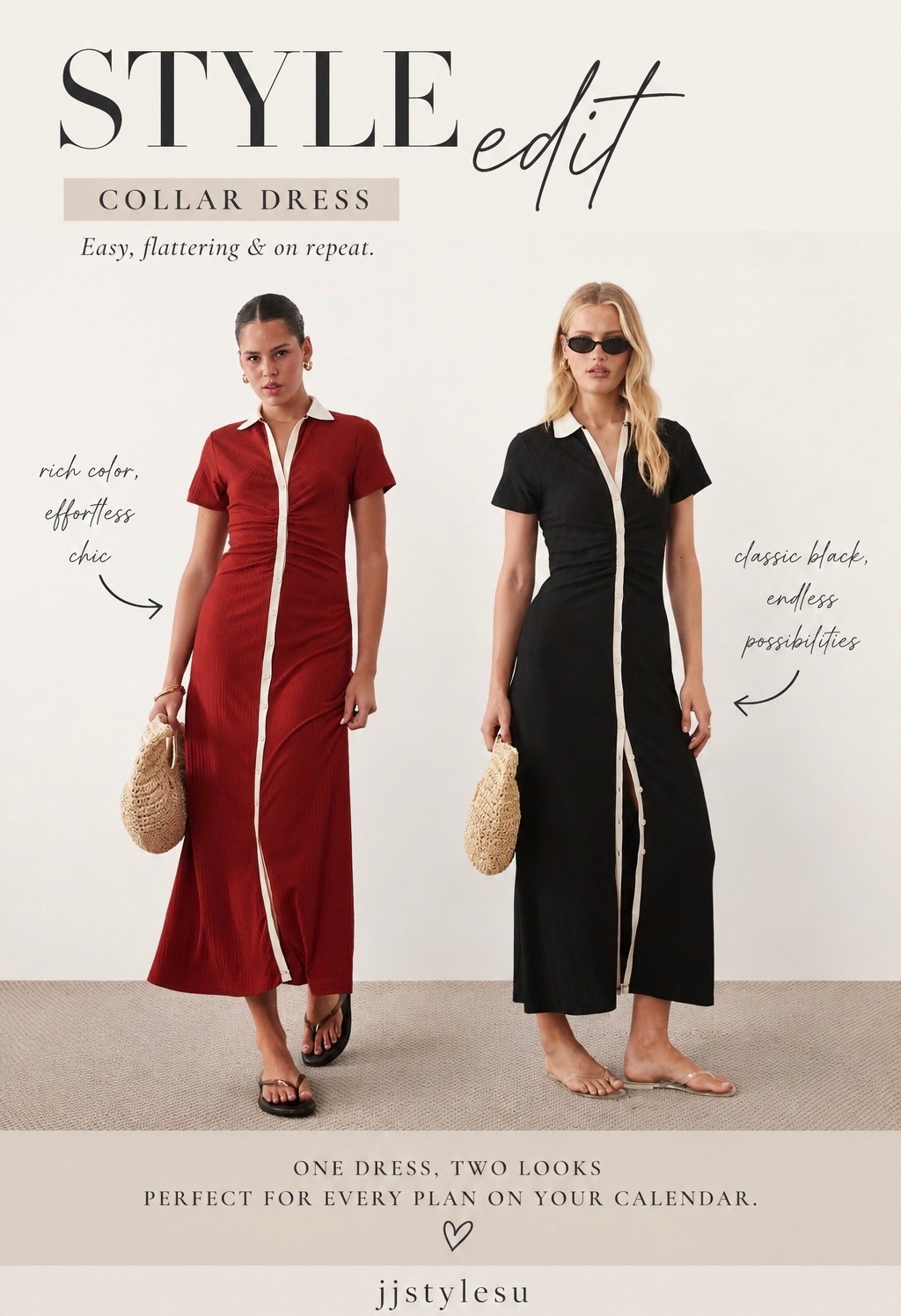 One dress, two colors—🤎🖤

This collar-front dress is giving effortless, pulled-together style without trying too hard. The kind of piece you can wear now with sandals and a woven bag, then style completely differently when the season changes.

Which color would you choose: rich rust or classic black? ✨

#LTKStyle #StyleEdit #40AndOverStyle#SummerStyle #DressEdit #AffordableStyle #40AndOverOutfits #EverydayStyle 
#JJStylesU

#LTKOver40 #LTKSeasonal #LTKootd