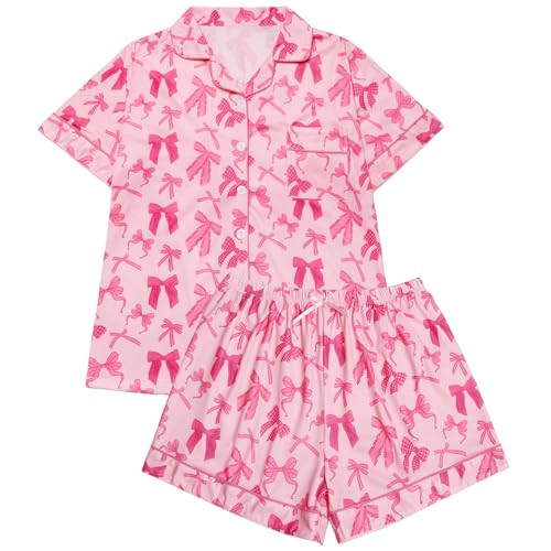 Fhykiss Women's 2 Piece Pajama Set Loungewear Pajamas Cute Pjs Sets Sleepwear Button Down Lounge Sets Soft Preppy Y2k Pink Bow M | Amazon (US)