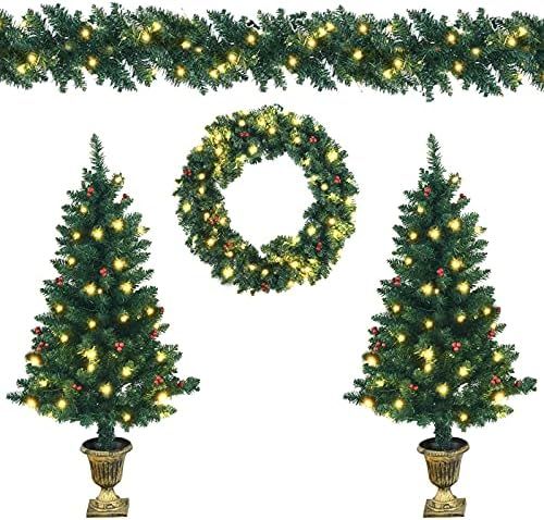 Goplus Pre-lit Holiday Christmas 4-Piece Set, Christmas Garland, Wreath and Set of 2 Entrance Tre... | Amazon (US)