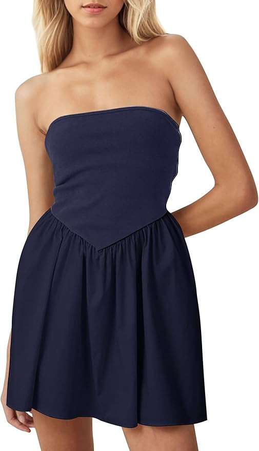 Women Strapless Tube Top Mini Dress Off Shoulder Sleeveless Casual Summer Patchwork Drop-Waist A-... | Amazon (US)