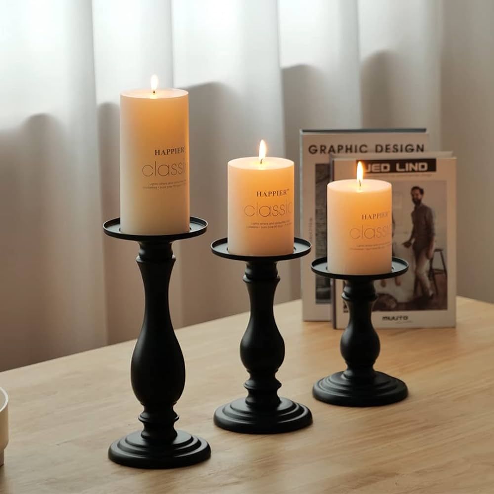 Matte Black Pillar Candle Holders Set of 3-10", 8", 6”H Candlestick Candle Holders Stand, Home ... | Amazon (US)