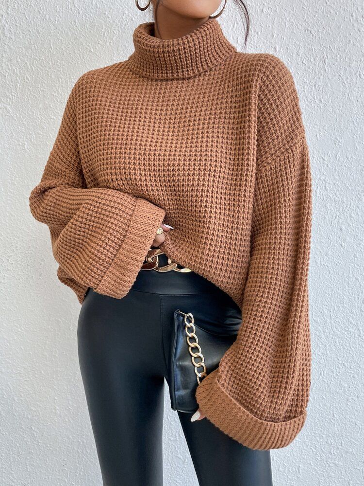 Turtleneck Drop Shoulder Waffle Knit Sweater | SHEIN