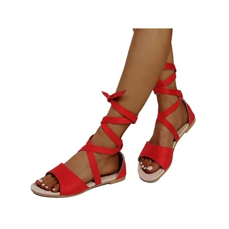 Tenmix Womens Strappy Flats Lace Up Heels Ankle Tie Wrap Sandals Party Club Shoes Red Size 11.5 | Walmart (US)