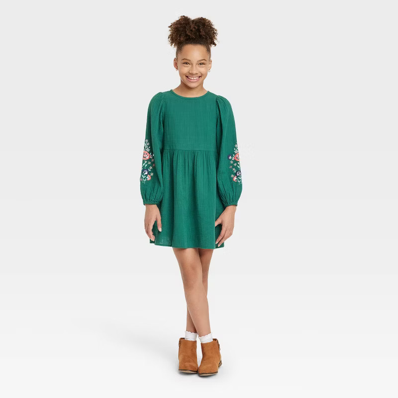 Girls' Long Sleeve Woven Dress - Cat & Jack™ Forest Green | Target