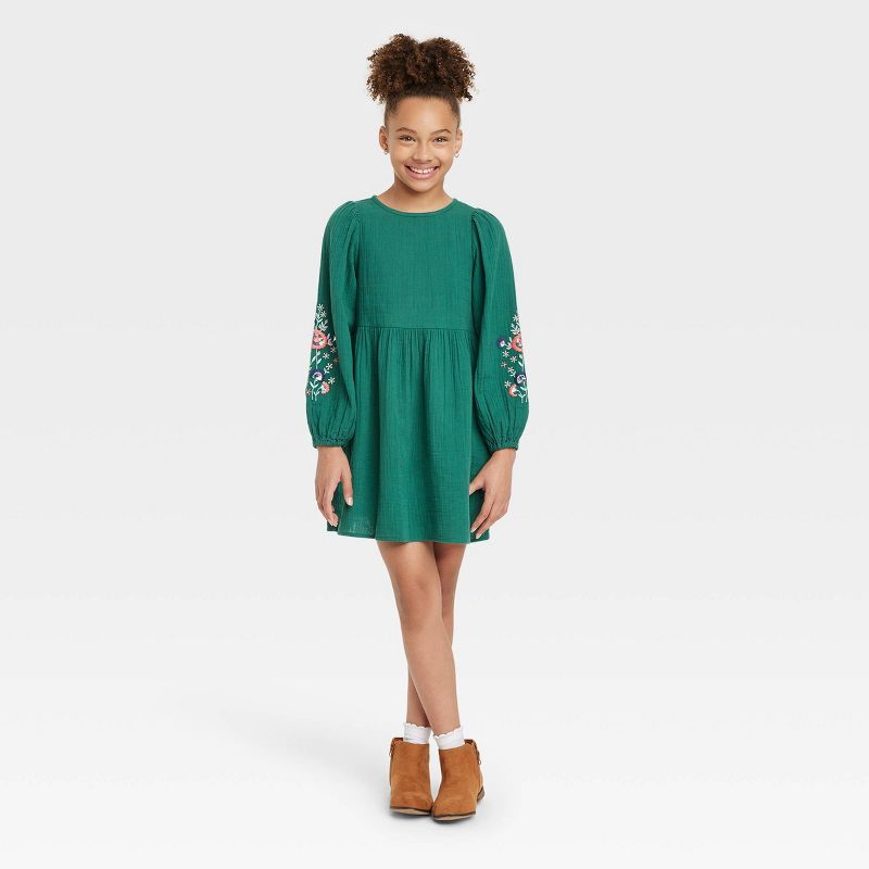Girls' Long Sleeve Woven Dress - Cat & Jack™ Forest Green | Target