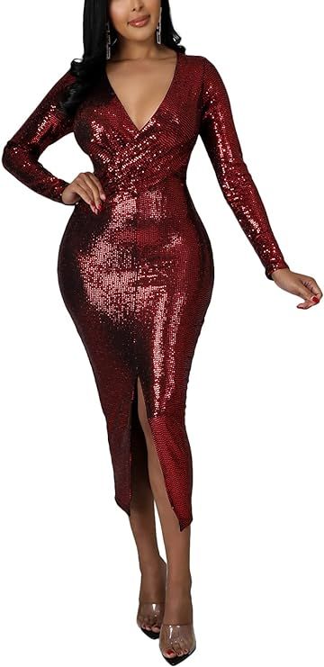 Amazon.com: Women's Sexy Sequin Dresses Basic Long Sleeve Bodycon Sparkly Club Night Party Midi D... | Amazon (US)