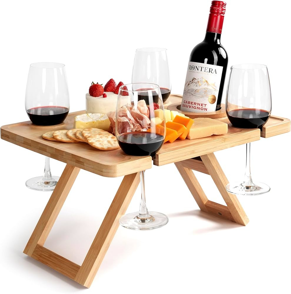 Outdoor Wine Picnic Table, Folding Wine Table, Charcuterie Board with Wine Glass Holder, Mini Tab... | Amazon (US)