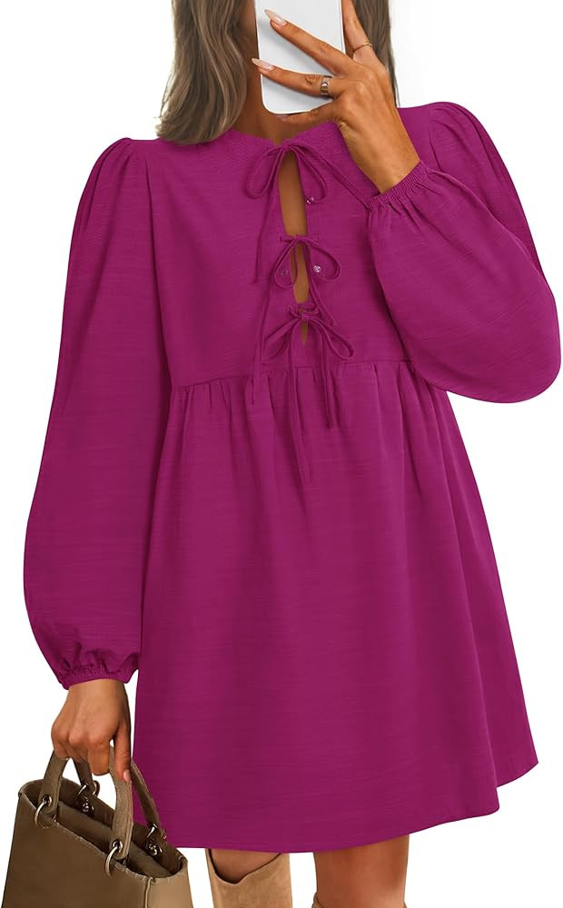 ZESICA Women's Dress Fall Long Puff Sleeve Self Tie Front Babydoll A Line Pleated Cute Mini Tunic... | Amazon (US)