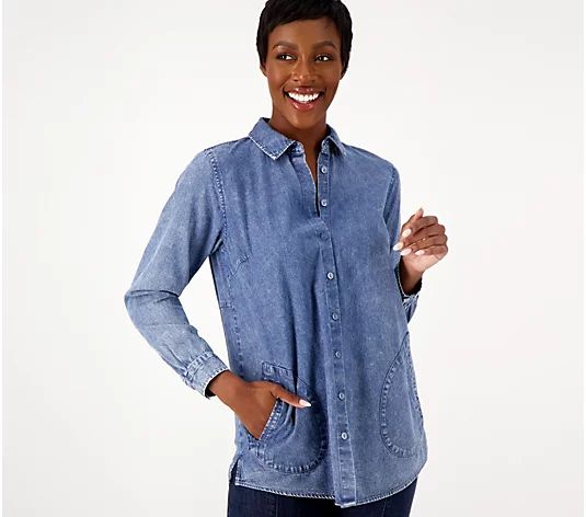 Joan Rivers Classic Cotton Denim Shirt with Back Button Detail - QVC.com | QVC
