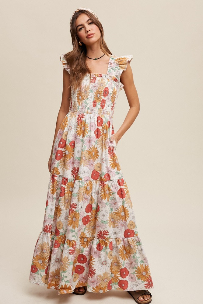 Ivory Floral Smocked Tiered Maxi Dress | PinkBlush Maternity