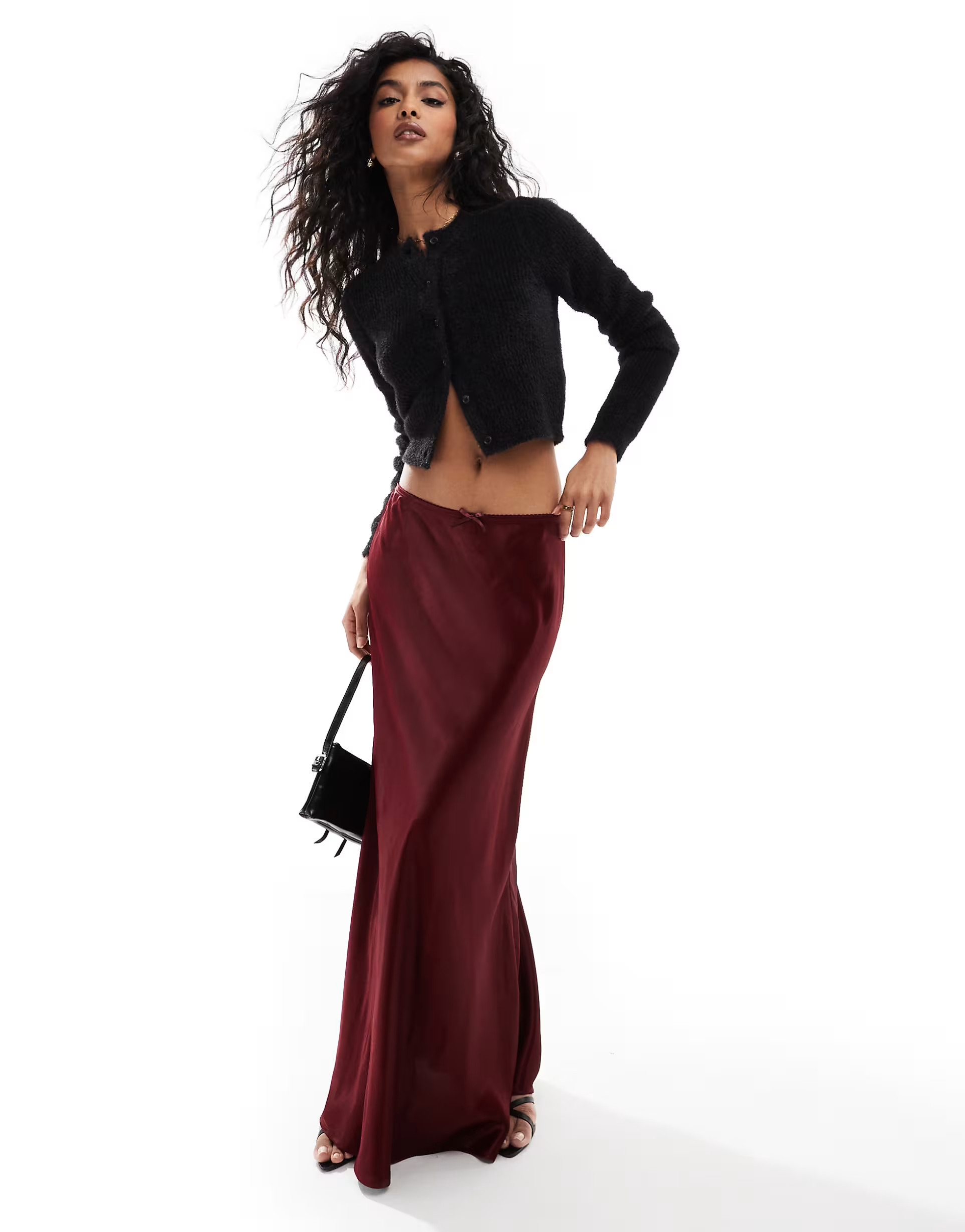 Miss Selfridge satin bias cut maxi skirt in burgundy | ASOS (Global)
