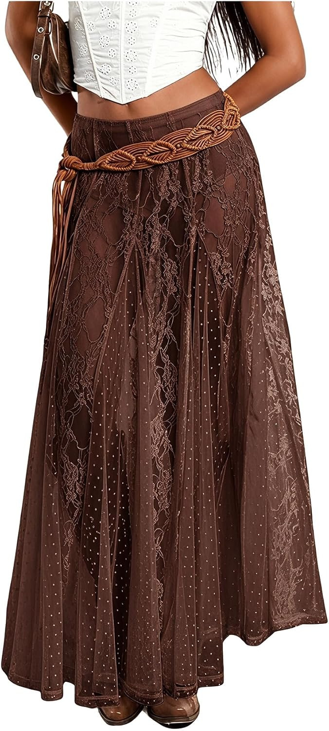 WDIRARA Women Sexy Sheer Lace Maxi Skirt See Through Low Waist Flowy Skirts | Amazon (US)