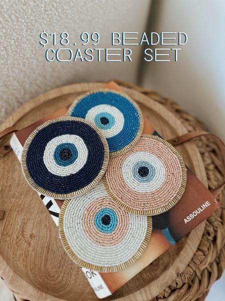 Set of 4 ✨ Beaded Drinking Coasters 🧿 | Set of Intricate beaded detail w/ an evil eye design - The most beautiful & colorful + 4 inch round decorative coasters! Use on a coffee table as décorations, or as the cutest boho set for mini cocktailbar! Elevated beach grl vibes🌴🐚 check out the other styles, too! 

#LTKStyleTip #LTKHome #LTKFindsUnder50