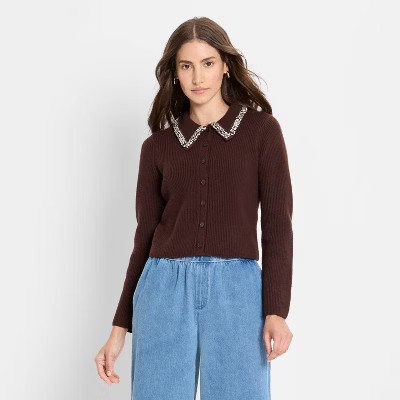 Women's Embellished Collar Cardigan Sweater - Future Collective Dark Brown | Target