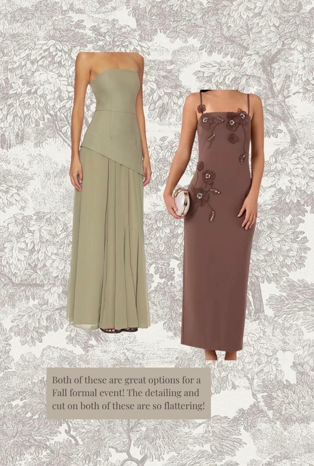 Been looking for some good fall wedding options! I'm obsessed with the flower detailing on the brown one and the a-line on the green dress 👏