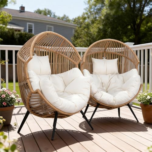 Oversized Outdoor Wicker Egg Chair Set of 2, Patio Lounge Chair Basket Seat with Thick Cushion, All Weather Indoor Outdoor Porch Rockers for Balcony, Living Room, Lawn Garden | Amazon (US)