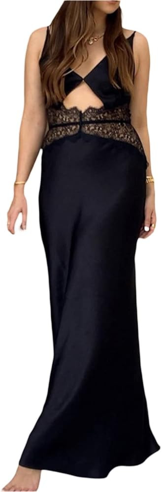 Women's Satin Long Cami Dress Elegant V Neck Spaghetti Strap Hollow Backless Dress Casual Sexy Co... | Amazon (US)