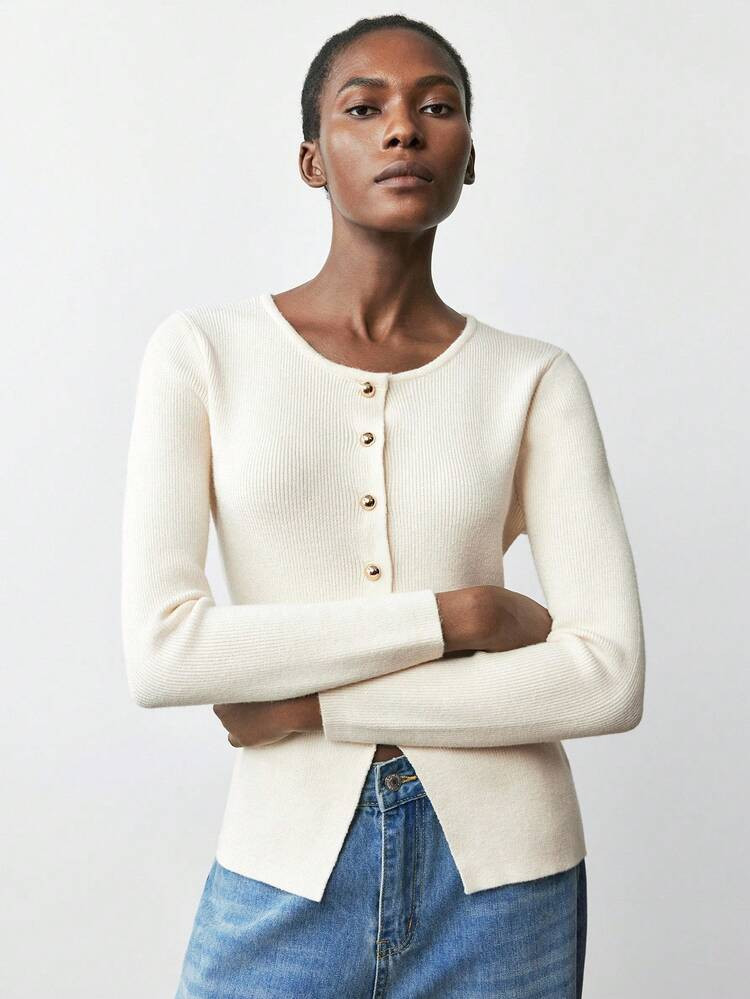 Maija Women's Solid Color Round Neck Long Sleeve Single-Breasted Casual Knitted Cardigan, Autumn Casual Blouses For Ladies,Cozy Fall And Winter Clothes For Women White Top White Top | SHEIN