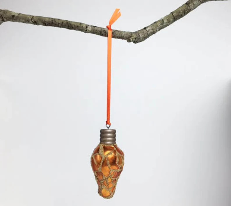 Orange Mosaic Christmas Lightbulb Ornament, Glass Ornament, Retro Lightbulb, Metallic Glass, Deck... | Etsy (US)