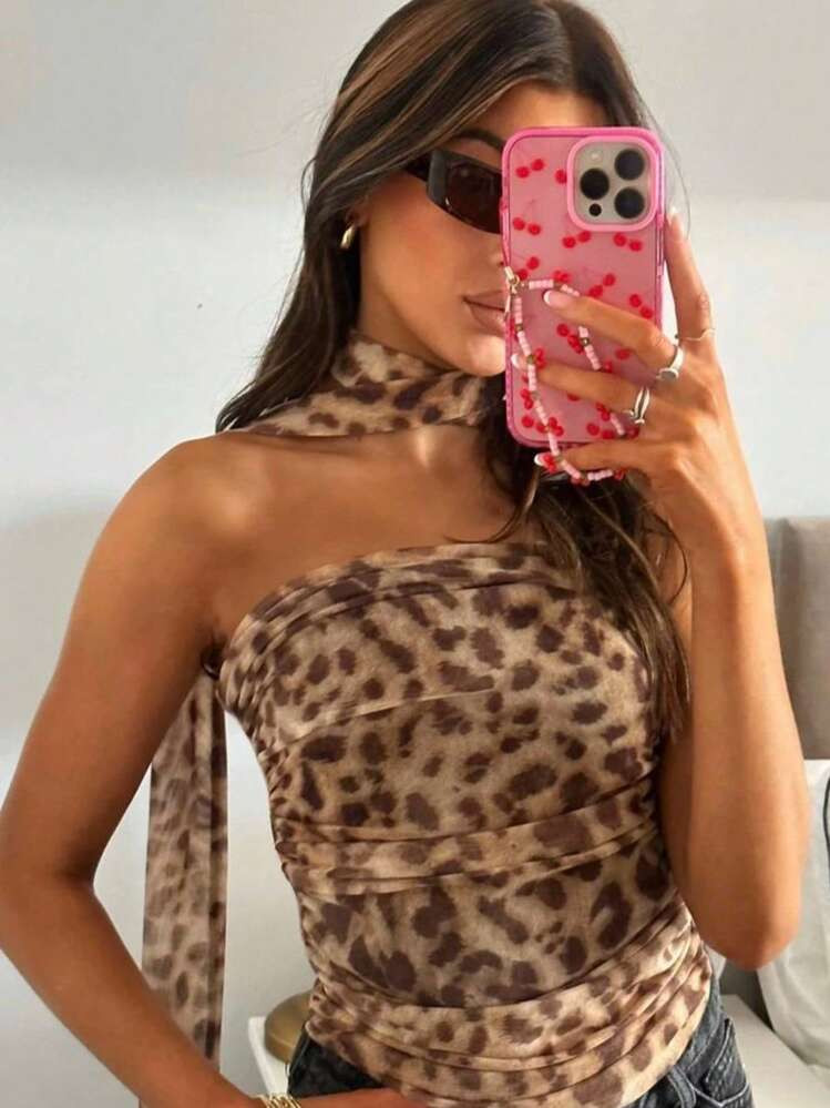 Summer Fashion Leopard Print Bandeau Top With Ruched Detail, Vintage Random Leopard Print Mesh Fabric Swing Neck Asymmetric Ruched Sexy Backless Halter Top
 | SHEIN