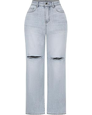 THUNDER STAR Womens High Waisted Wide Leg Jeans Stretchy Distressed Denim Pants | Amazon (US)