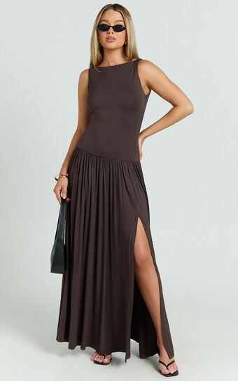 Vivette Maxi Dress - High Neck Drop Waist Gathered Full Skirt Jersey Dress in Chocolate | Showpo (US, UK & Europe)