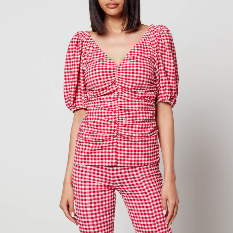 Ganni Gathered Stretch-Seersucker Blouse | Coggles (Global)