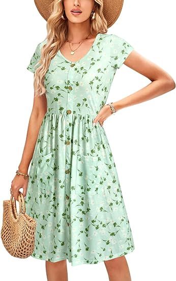 OUGES Women's V Neck Button Down Skater Dress with Pockets | Amazon (US)