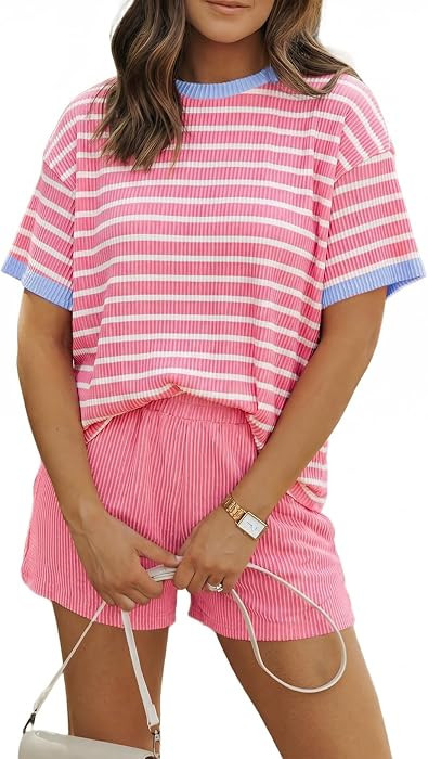 MARZXIN Women 2 Piece Short Set with Vertical Stripes Summer Cruise Outfits     2026 Short Sleeve... | Amazon (US)