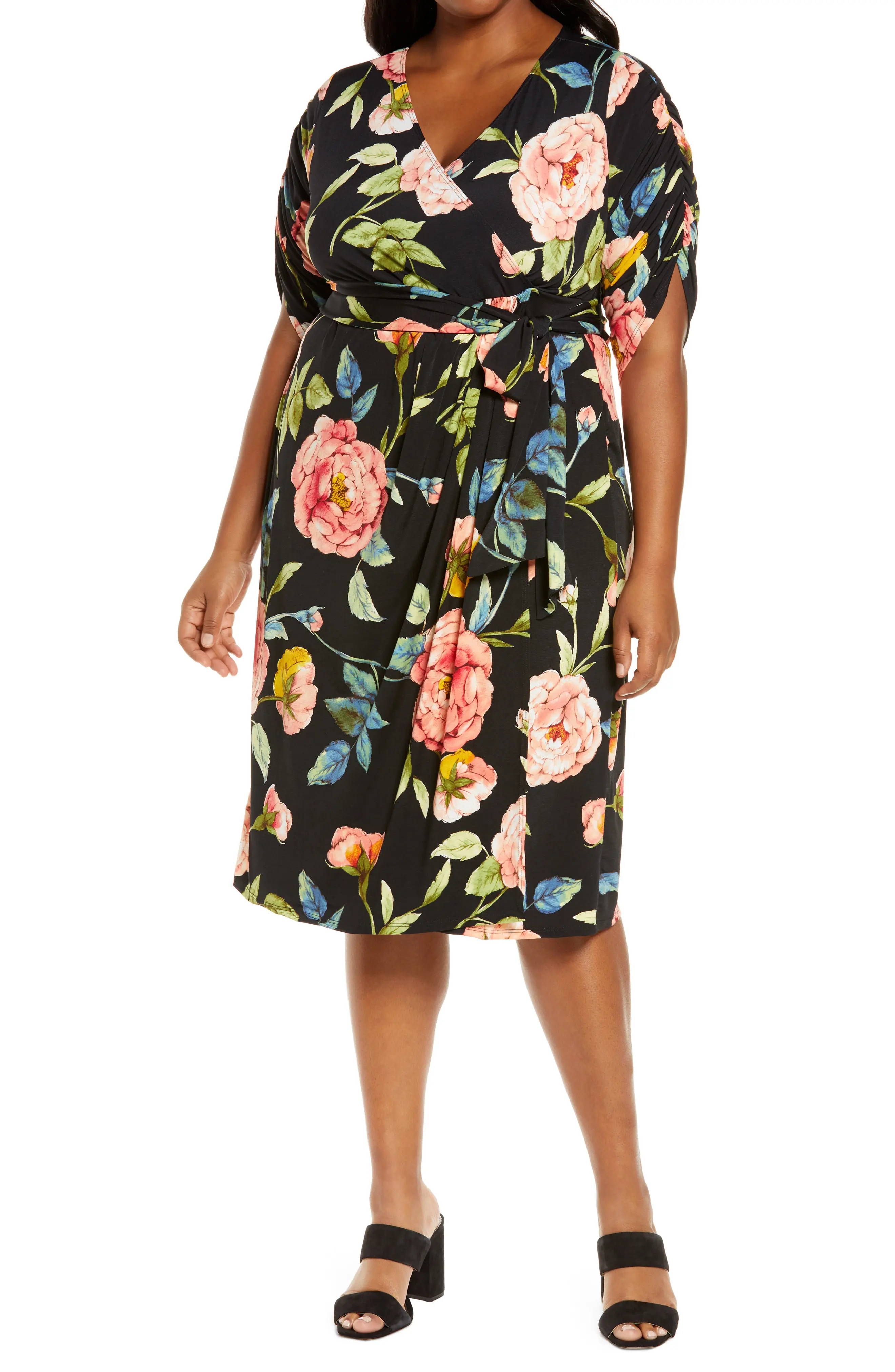 Plus Size Women's Kiyonna Eden Floral Faux Wrap Dress, Size 4X - Black | Nordstrom