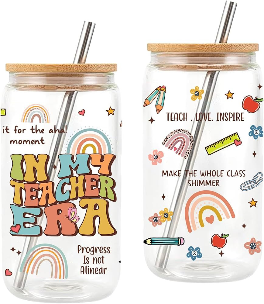 Back To School Gift 16 Oz Glass Cup with Lid Straw, Teacher Appreciation Gifts For Women, Teacher... | Amazon (US)
