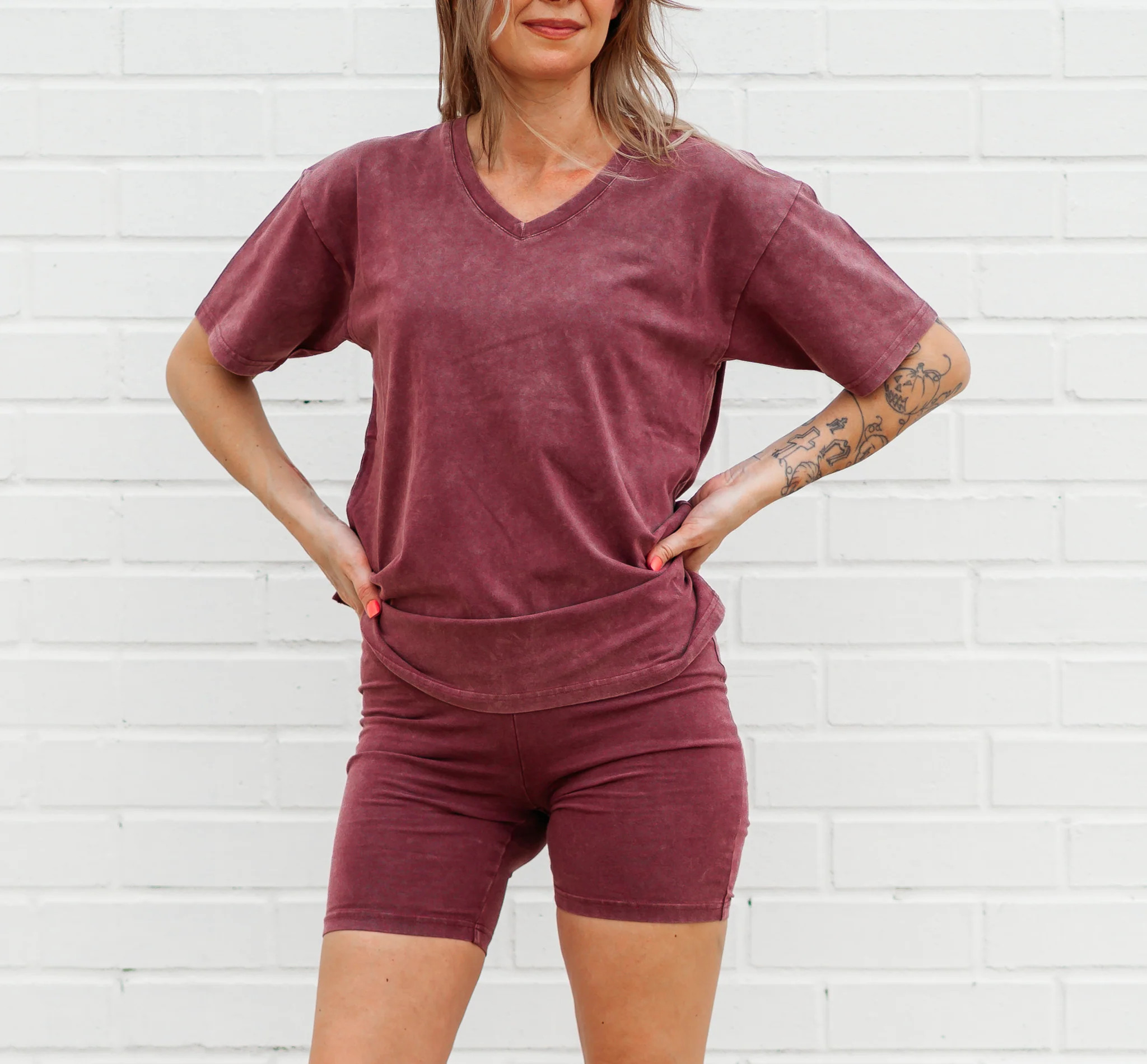 WOMANS BIKER SHORT SET- Oxblood Snow Wash | millie + roo