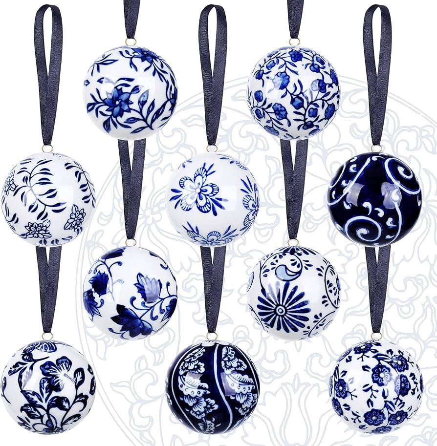 10 Pcs Porcelain Ball Ornaments Blue and White Chinoiserie Christmas Tree Hanging Ornaments 2.4 I... | Amazon (US)