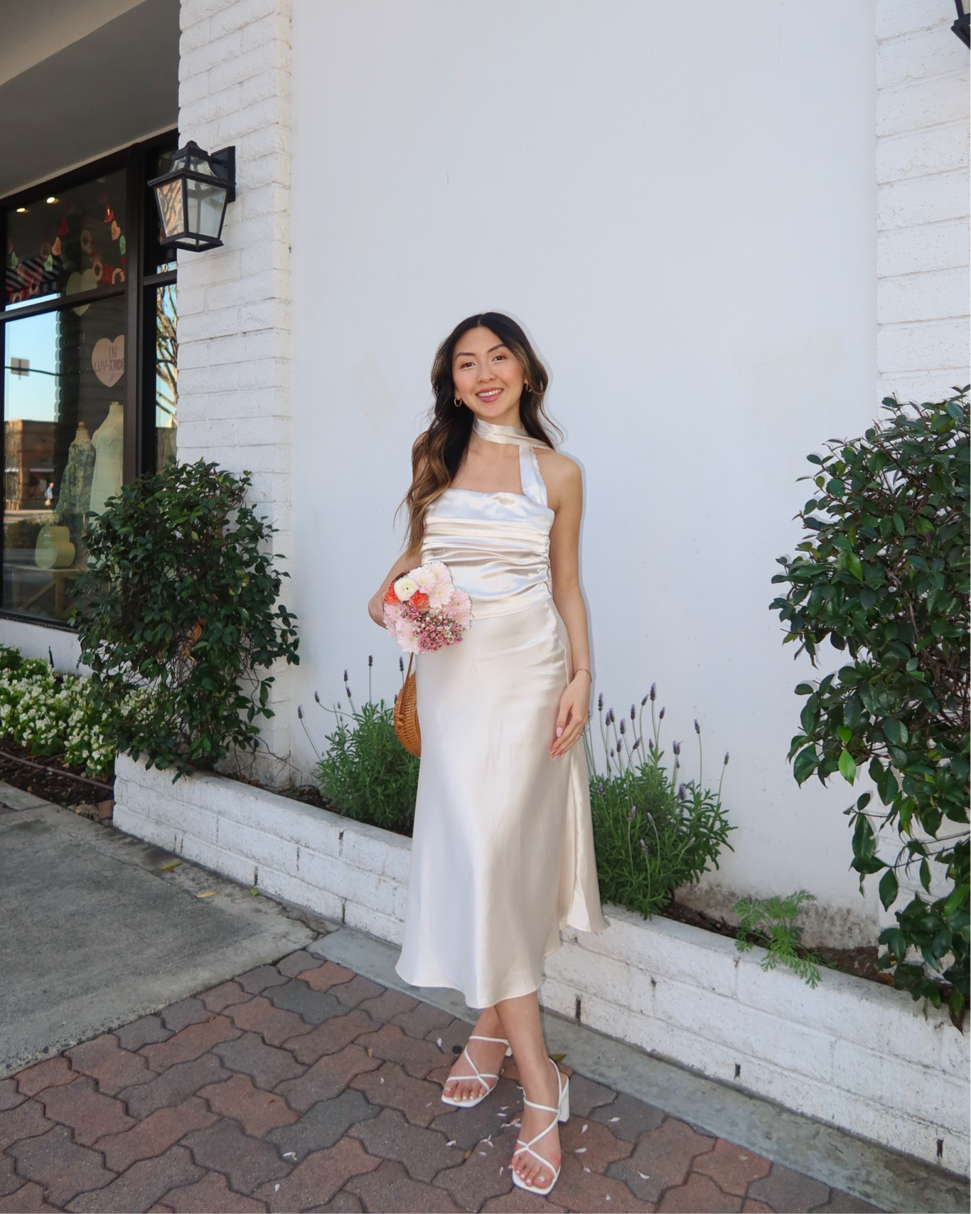 Satin top, satin midi skirt, and white heels 

#LTKFindsUnder50 #LTKStyleTip
