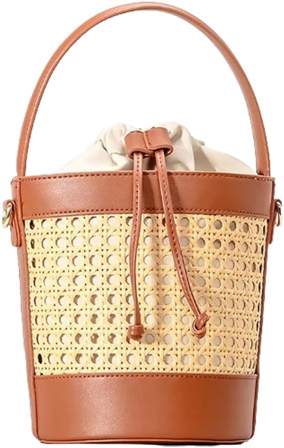 Rattan Bucket Bag for Women Straw Beach Bag Drawstring Crossbody Purse PU Leather Summer Shoulder... | Amazon (US)