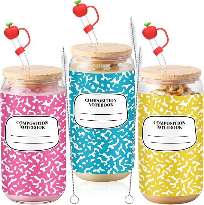 Sliner 3 Pcs Teacher Glass Cups Gifts Tumbler with Lid Straw and Apple Straw Tips 16 oz Iced Coff... | Amazon (US)