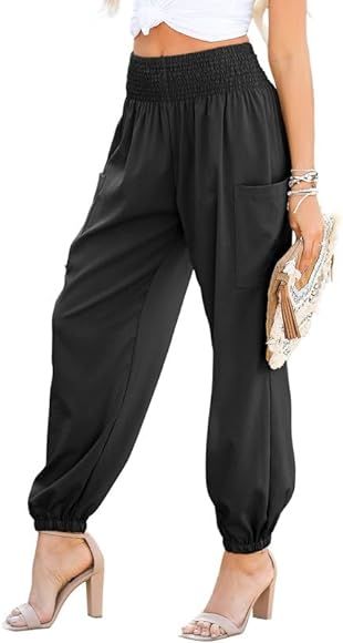 Dokotoo Womens Summer Boho Business Casual Smocked High Waisted Cargo Long Pants with Pockets | Amazon (US)