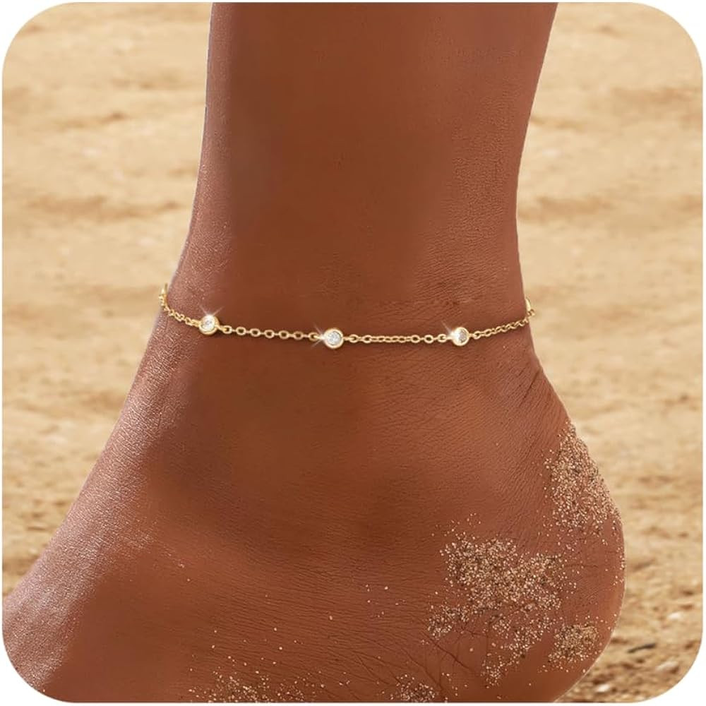 Gold Silver Anklets for Women CZ Ankle Bracelet 14K Gold Plated Waterproof Layered Stackable Clov... | Amazon (US)