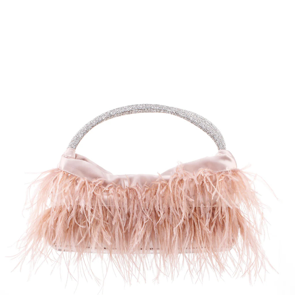 MINNIE-PEARL ROSE CRYSTAL HANDLE FEATHER POUCH | Nina Shoes