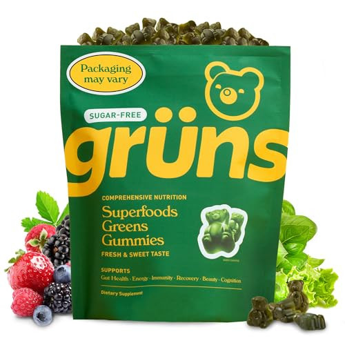 Gruns Adult Sugar-Free Super Greens Gummies - Superfood Gummy Bears with Spirulina, Chlorella, Fiber & Prebiotics for Digestive Health, Adaptogen Supplement with 20 Vitamins & Minerals, 2 Week Supply | Amazon (US)