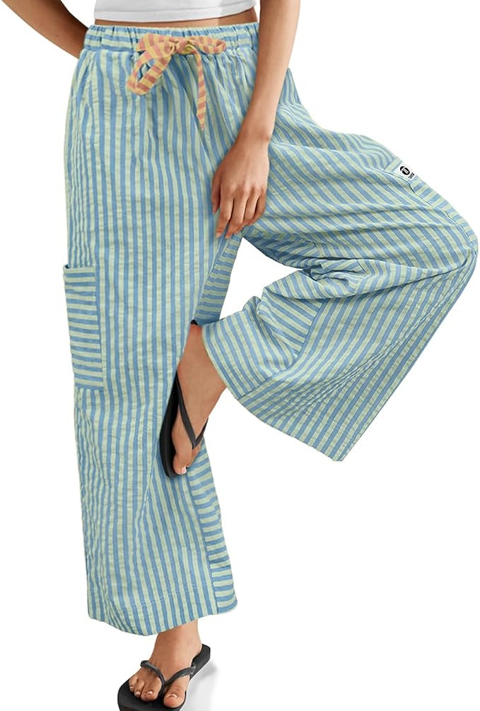 TARSE Women’s Striped Wide Leg Pants Drawstring Casual Boho Palazzo Pants Loose Lounge Beach Va... | Amazon (US)