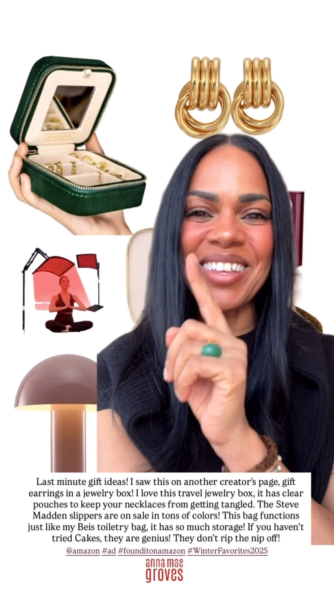 Some of my @amazon faves on sale for Cyber Monday #ad #founditonamazon #WinterFavorites2025
If you got a red light device and you didn’t do this you’re missing out on huge benefits. There’s a study that said if you put green tea on your skin 20 mins prior to red light therapy you will get 10 months of benefits in one month! It’s on PubMed, look it up!

The other thing you want to do is put something hydrating on your skin with no oil or moisturizer. You should use a hydrating serum with hyaluronic acid, a snail mucin. Three things still on Cyber Monday green tea toner, peptide serum, and snail mucin.

For my hair I take Nutrafol, do  a weekly hair mask, heat protectant, the Color Wow is a heat protectant and it keeps your hair shinny and smooth. The Kérastase oil I use for my slick back buns, and I only do my slick backs when my hair is dry. I mix the Kérastase hair cream with the oil then I use the hair wax. I only use heat tools that don’t get too hot! These get just hot enough so they don’t fry your hair.

Last minute gift ideas! I saw this on another creator’s page, gift earrings in a jewelry box! I love this travel jewelry box, it has clear pouches to keep your necklaces from getting tangled. The Steve Madden slippers are on sale in tons of colors! This bag functions just like my Beis toiletry bag, it has so much storage! If you haven’t tried Cakes, they are genius! They don’t rip the nip off!

#LTKselfcare #LTKGiftGuide #LTKCyberWeek